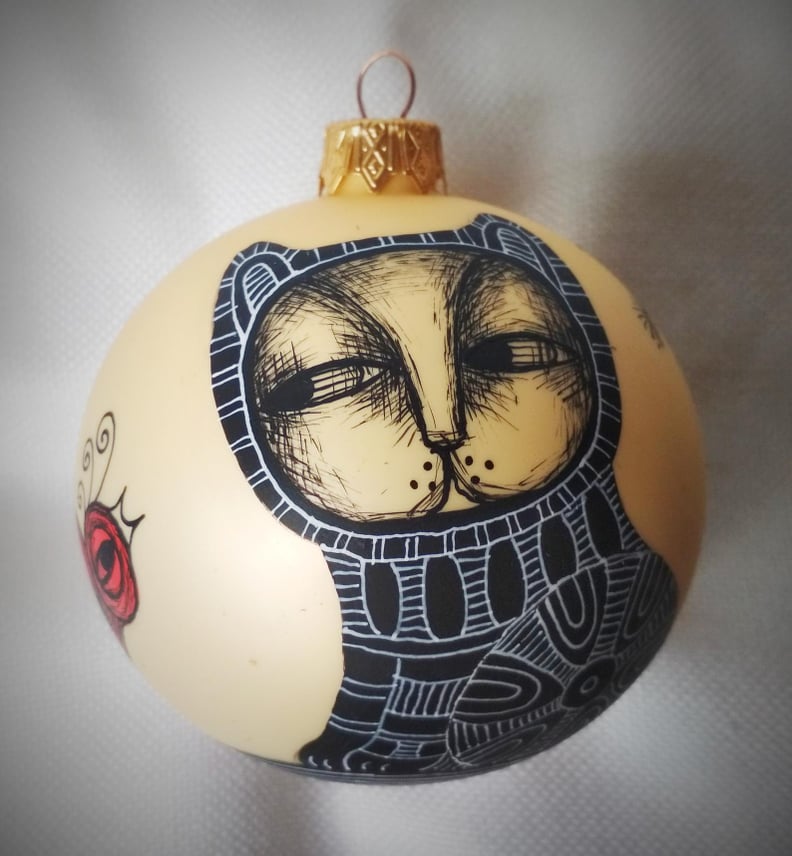 Hand-Painted Cat and Bird Ornament