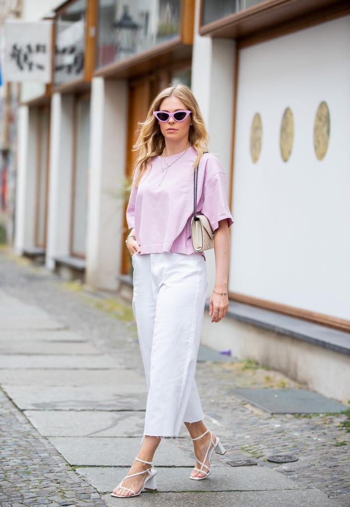 Wear White Culotte Denim With Strappy Sandals and a Breezy Pink T-Shirt