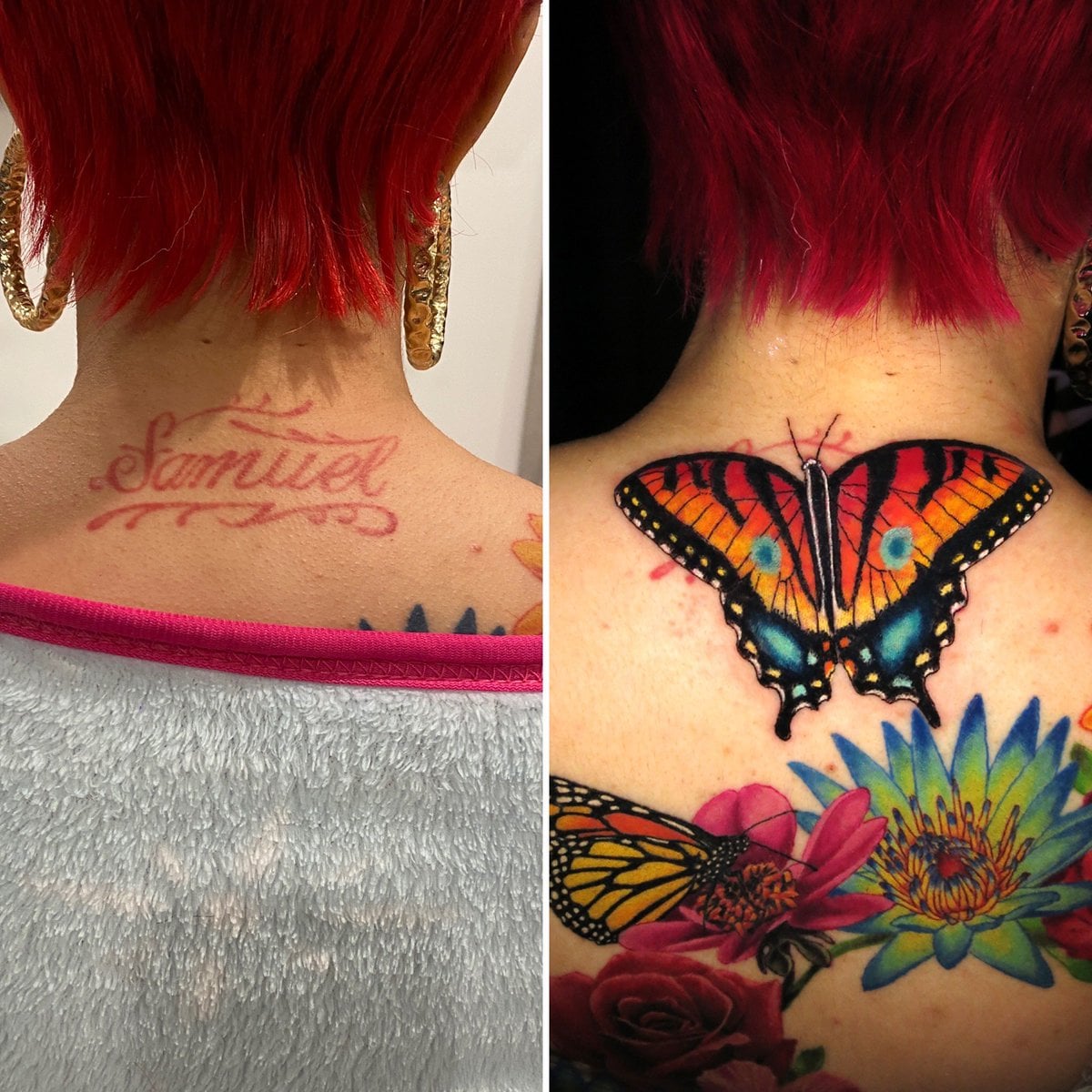 Amazing Colorful Butterfly Tattoo On Girl Neck