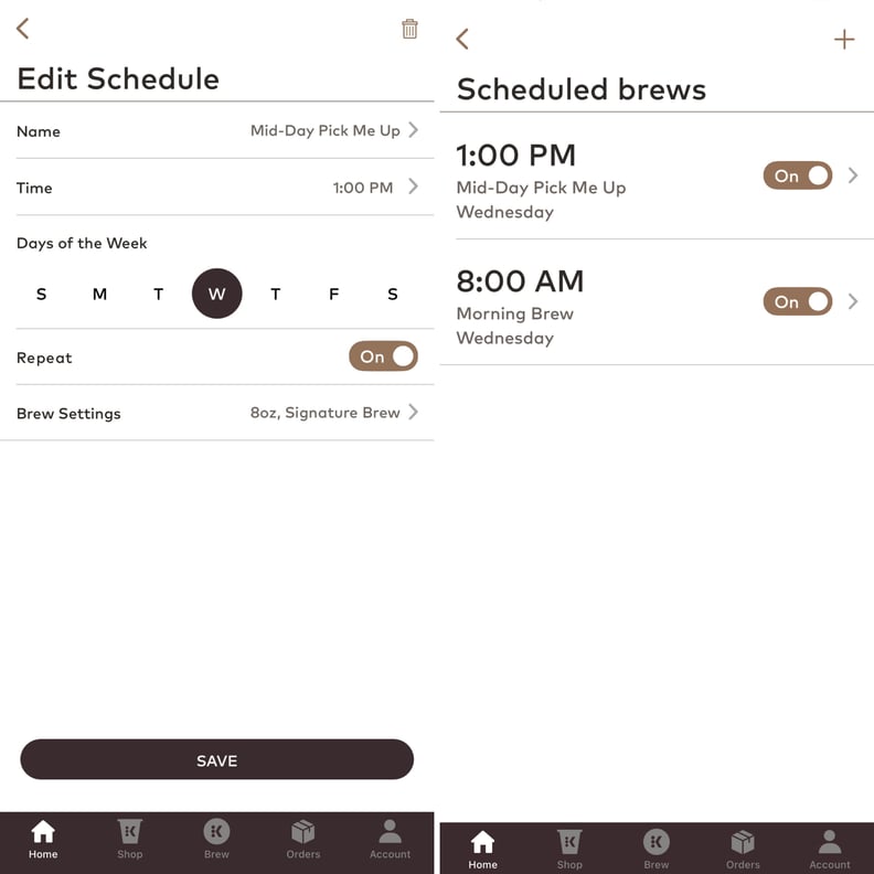 Screenshot picture of the Keurig app for the K-Cafe Smart Coffee Machine. Left side shows the scheduling customization options and the right side shows the users scheduled brews.