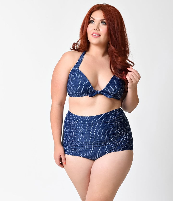 Unique Vintage Plus Size Navy & White Pin Dot Monroe Bikini Top