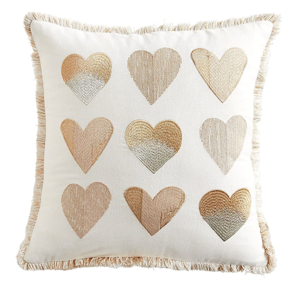Gold and Neutral Hearts Pillow With Fringe