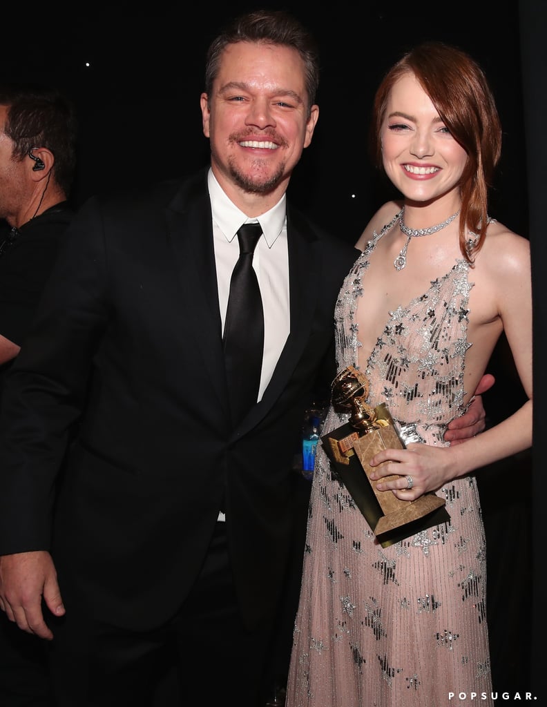 Matt Damon was all smiles with Emma Stone after she won her best actress award for La La Land.