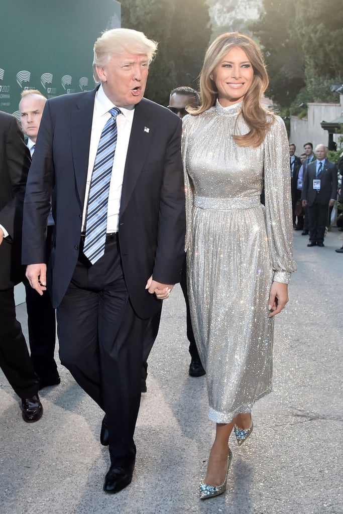 President Donald Trump and Melania arrived for a concert on May 2017 in Sicily. She wore a metallic Dolce & Gabbana dress and matching pumps from the fashion house.