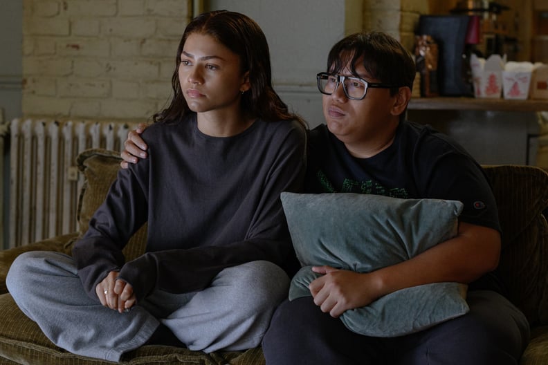 MJ (Zendaya) and Ned (Jacob Batalon) watch the news in Columbia Pictures SPIDER-MAN™: BRAND NEW DAY.  Photo by: Jay Maidment