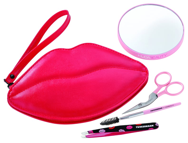 Huda Beauty Kit: Slant Tweezer, Brow Scissors, Spoolie, Mirror & Bag ($65)
