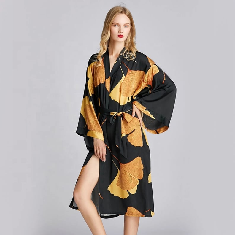 A Fashion Gift: Gold Ginkgo Leaf Printed Satin Robe