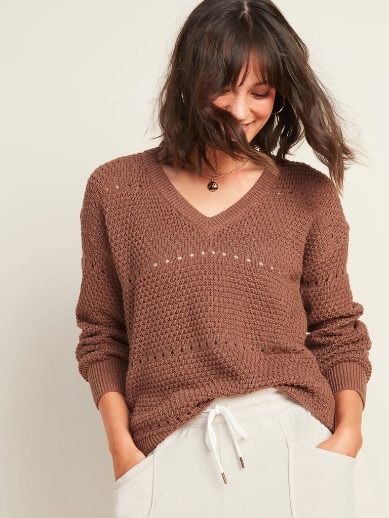 Textured Pointelle-Knit V-Neck Sweater