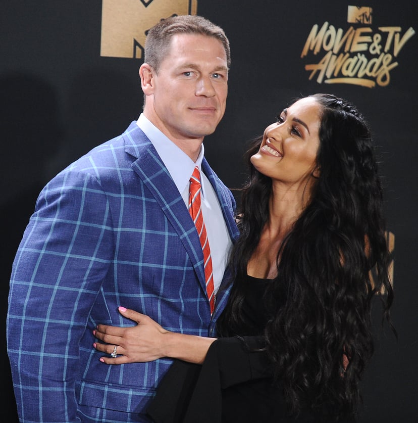 LOS ANGELES, CA - MAY 07:  John Cena and Nikki Bella pose in the press room at the 2017 MTV Movie and TV Awards at The Shrine Auditorium on May 7, 2017 in Los Angeles, California.  (Photo by Jason LaVeris/FilmMagic)