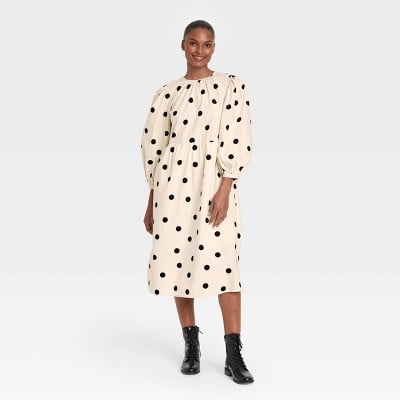 Who What Wear Women's Polka Dot Balloon Long Sleeve Tie-Back Dress