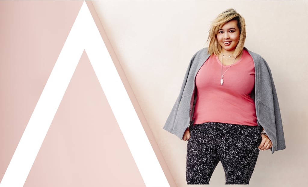Ava & Viv Blazer in Gray ($40), V-Neck Tee in Coral ($10), and Ankle Pant in Black/White Print ($30)