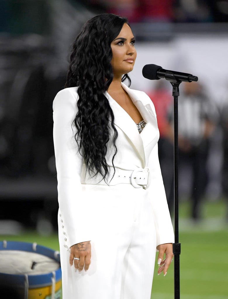 Demi Lovato's White Tuxedo Jumpsuit at the Super Bowl LIV