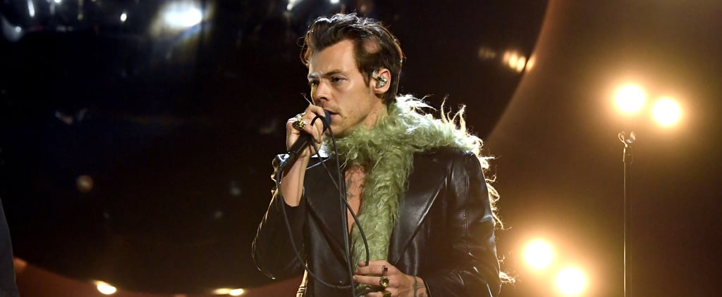 Harry Styles Wears Leather Suit and Fuzzy Scarf For Grammys