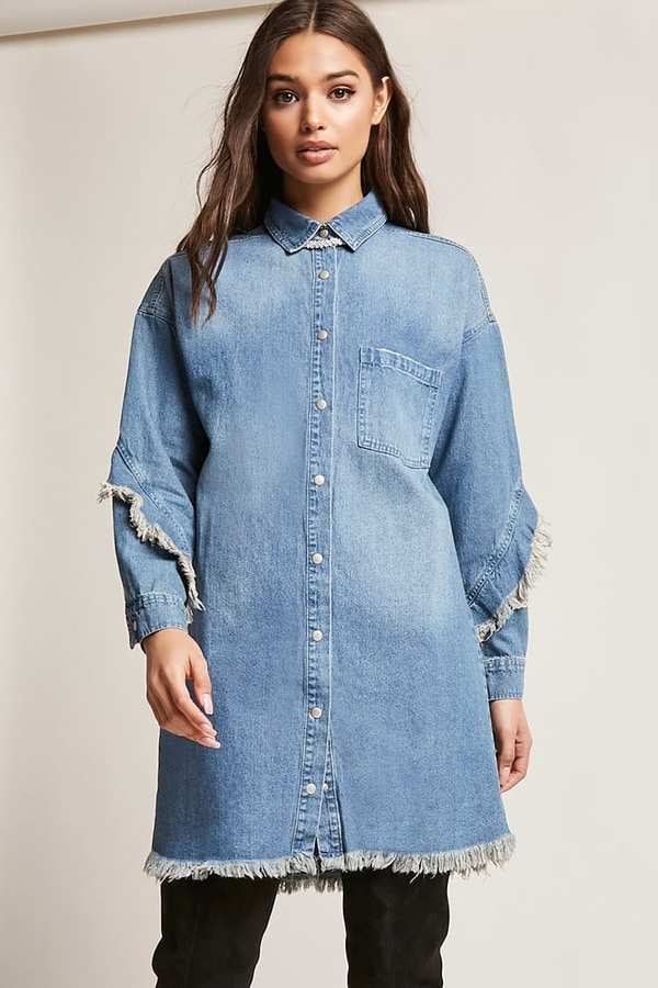 Forever 21 Longline Ruffle-Trim Chambray Jacket