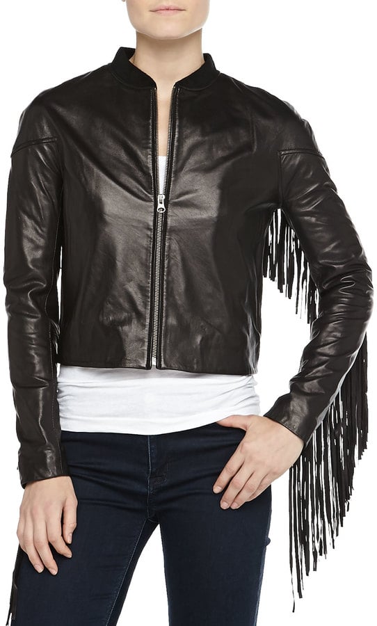 Bagatelle Fringe-Trim Leather Bomber Jacket