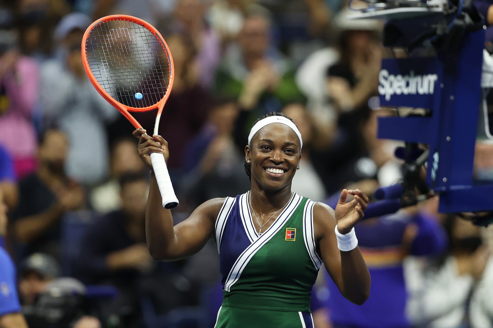 NEW YORK, NEW YORK - SEPTEMBER 01: Sloane Stephens of the United States celebrates after defeating Cori Gauff of the United States during her Women's Singles second round match on Day Three of the 2021 US Open at the Billie Jean King National Tennis Center on September 01, 2021 in the Flushing neighborhood of the Queens borough of New York City. (Photo by Matthew Stockman/Getty Images)