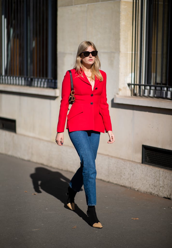 Keep it classic with a straight-leg jeans look, but add a brightly-toned tailored blazer on top for a pop.