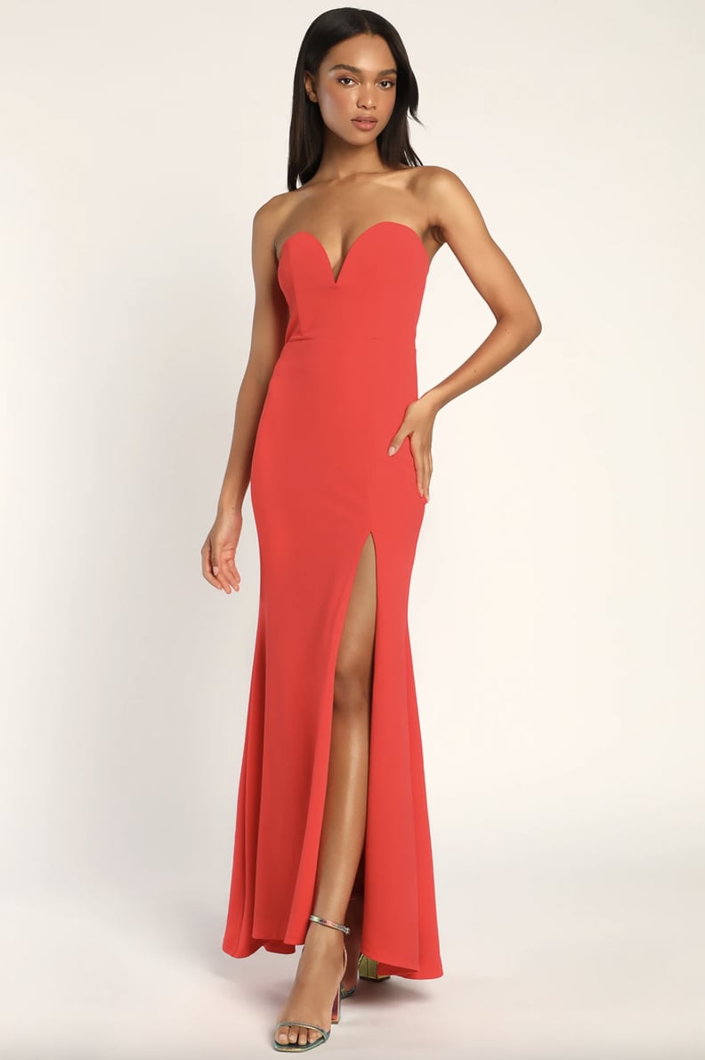 Lulus Classic Stunner Coral Red Strapless Mermaid Maxi Dress