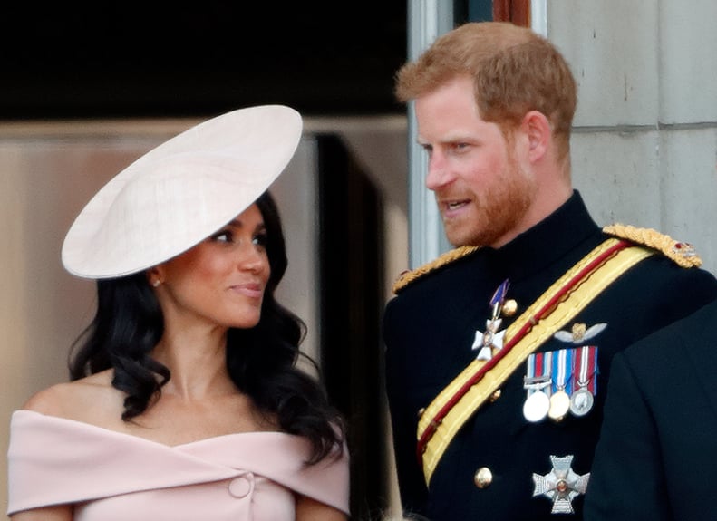 LONDON, UNITED KINGDOM - JUNE 09: (EMBARGOED FOR PUBLICATION IN UK NEWSPAPERS UNTIL 24 HOURS AFTER CREATE DATE AND TIME) Meghan, Duchess of Sussex and Prince Harry, Duke of Sussex stand on the balcony of Buckingham Palace during Trooping The Colour 2018 o