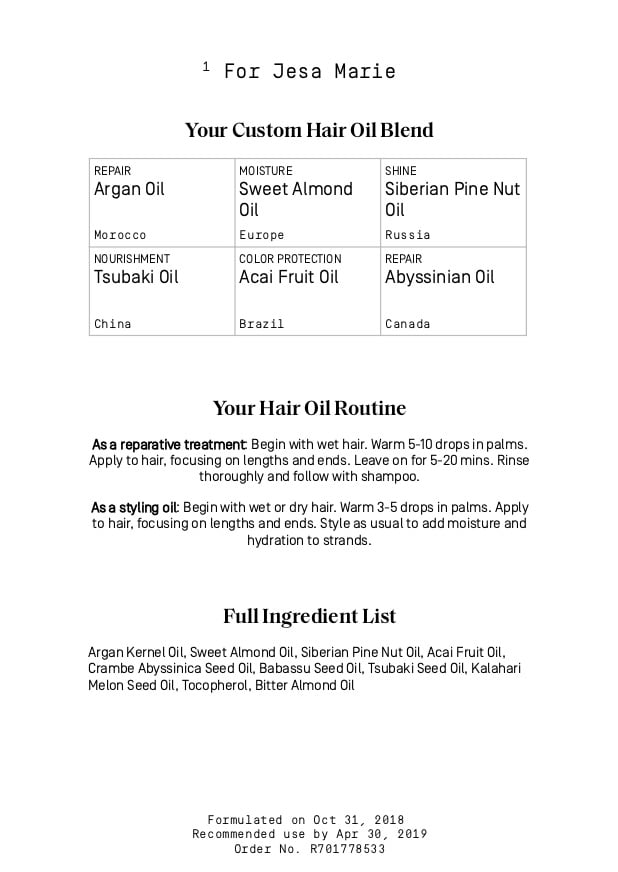 Ingredients in Jesa's Customized Prose Hair Oil