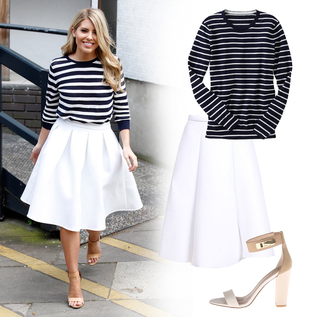 Mollie King Wearing Striped Sweater and White Midi Skirt