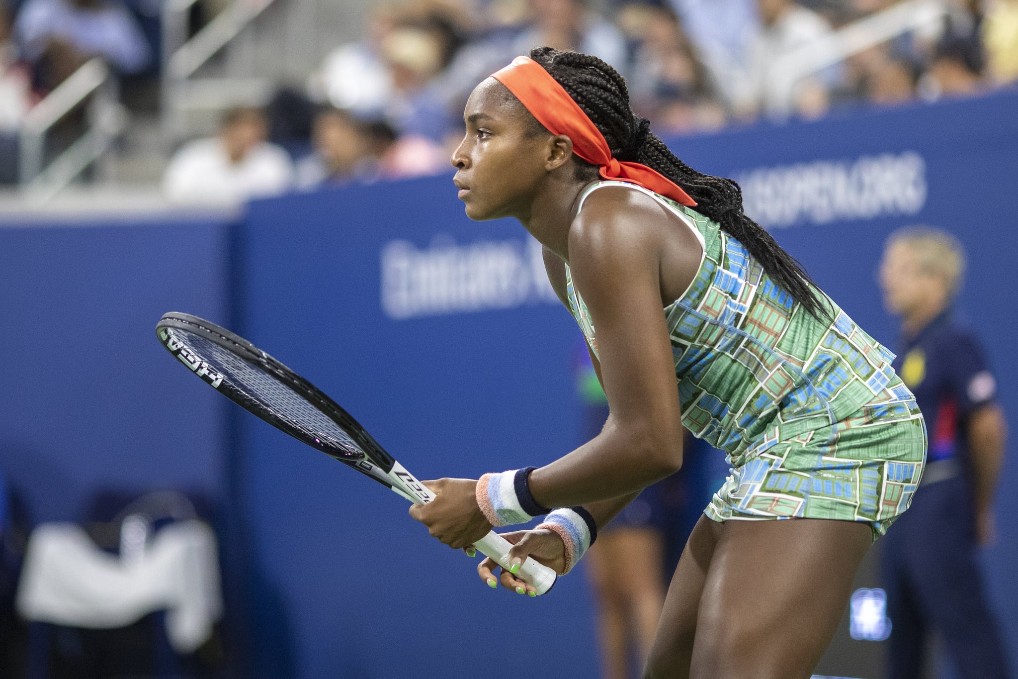 2019 US Open Tennis Tournament- Day Four.  Coco Gauff of the United States in action against Timea Babos of Hungary in the Women's Singles Round Two match on Louis Armstrong Stadium at the 2019 US Open Tennis Tournament at the USTA Billie Jean King National Tennis Center on August 29th, 2019 in Flushing, Queens, New York City.  (Photo by Tim Clayton/Corbis via Getty Images)