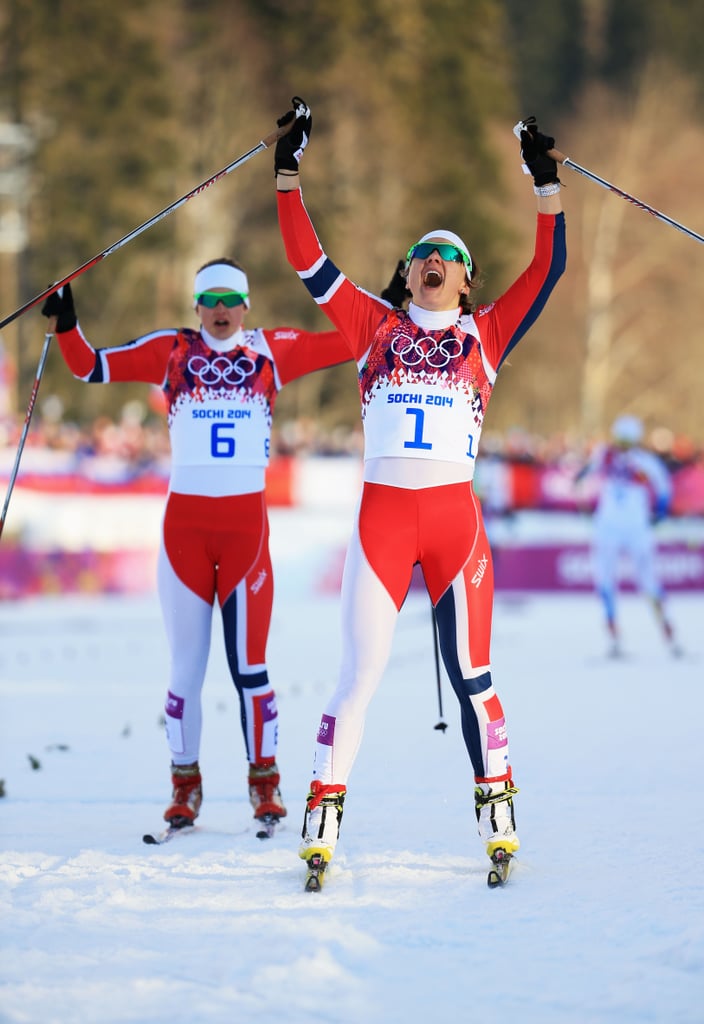 Norway's Maiken Caspersen Falla and Ingvild Flugstad Oestberg celebrated after the pair won first and second place in the ladies' sprint free finals.