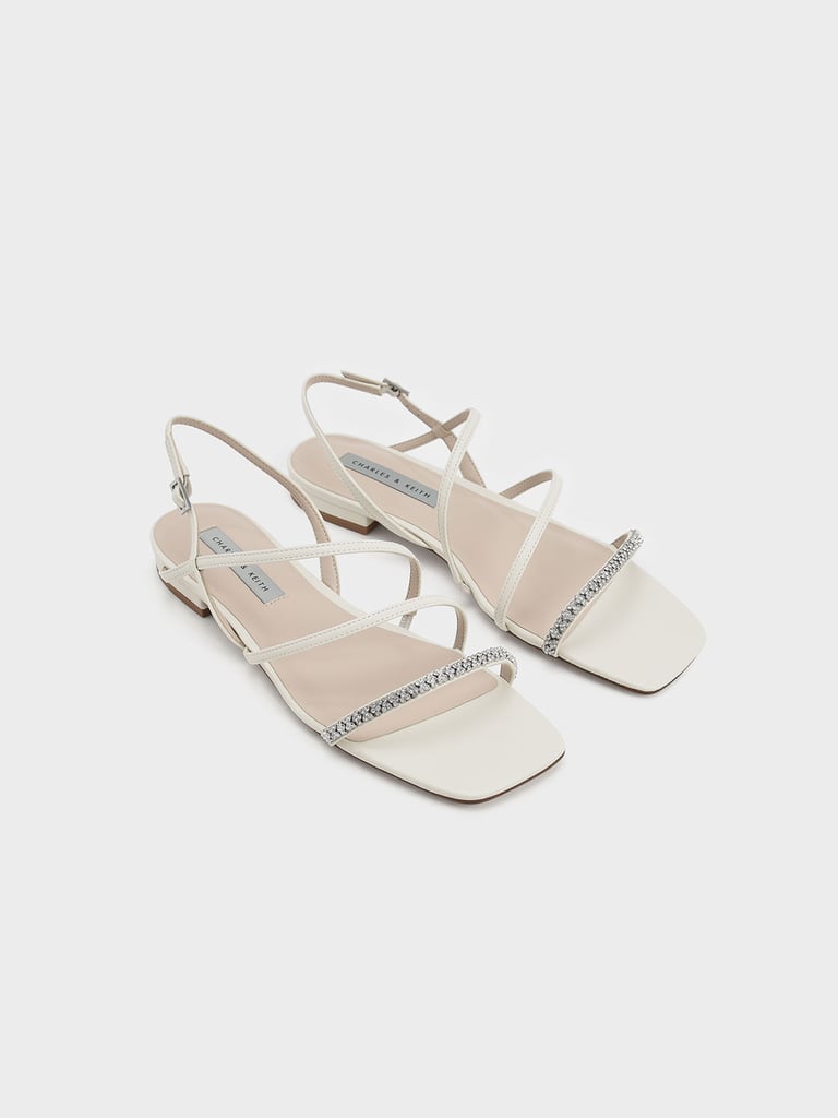 White Sandals: Charles Keith Gem-Encrusted Strappy Slingback Sandals