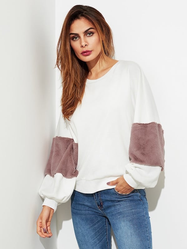 SHEIN Fuzzy Fabric Detail Exaggerate Sleeve Pullover