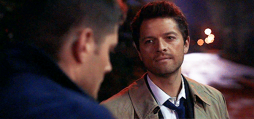 gif of Castiel staring fondly at Dean, who is definitely his boyfriend