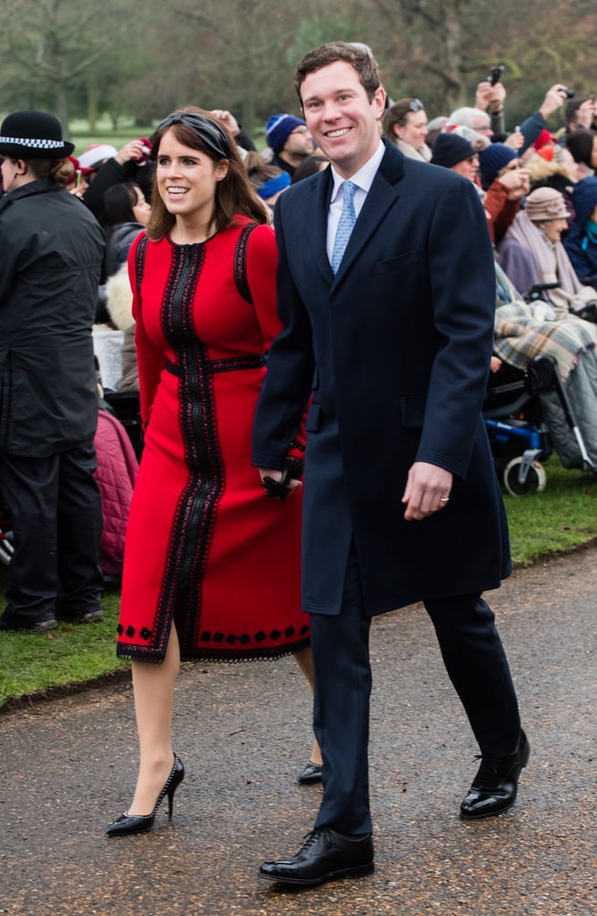 Eugenie and Jack were all smiles as they walked hand in hand to the Church of St. Mary Magdalene's Christmas Day service in December 2018.
