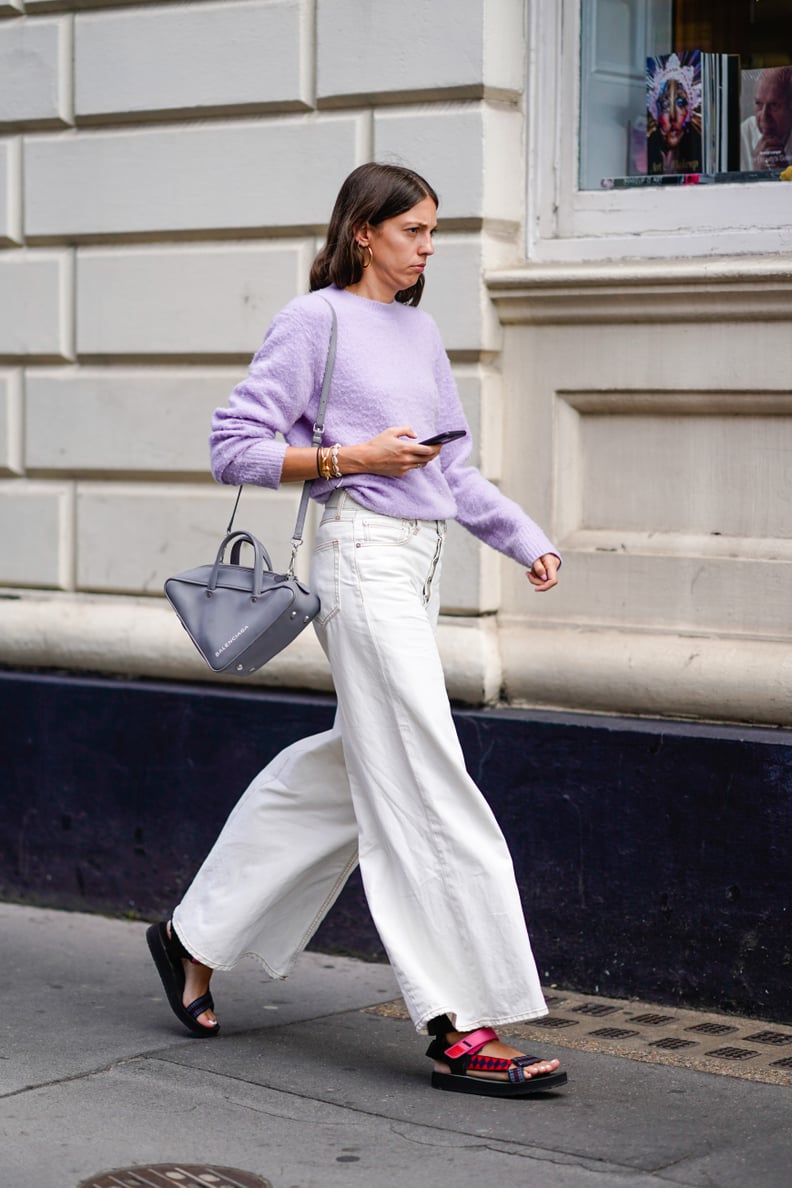 Wear Baggy White Denim With a Sweater in the Color of the Moment