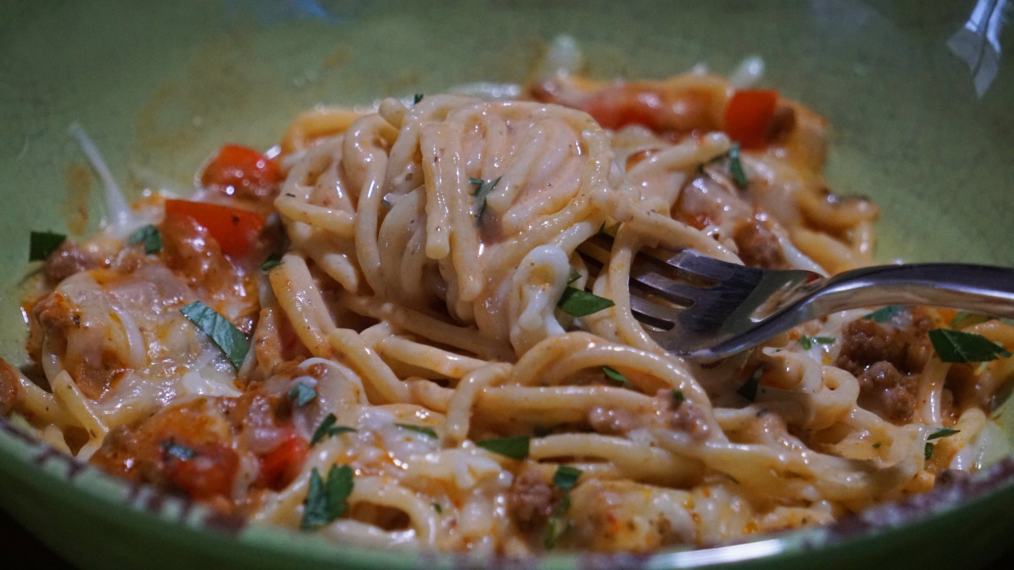 million dollar spaghetti recipe: finished product close up on fork