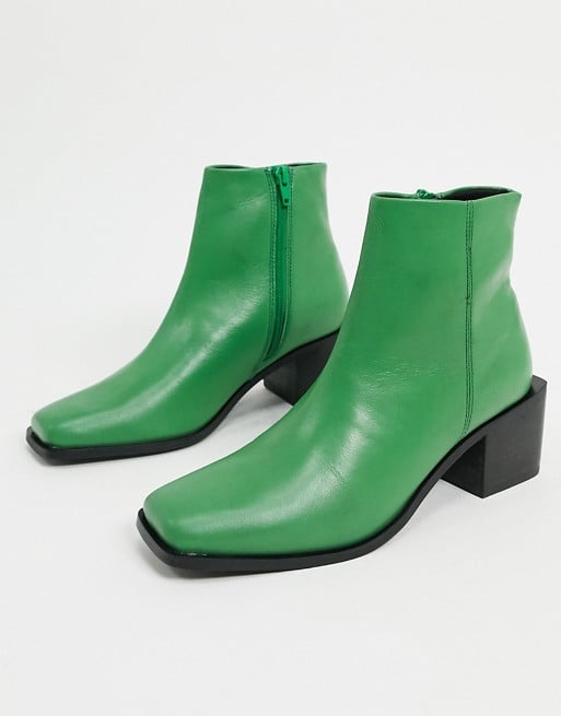ASOS DESIGN Refresh leather square toe heeled boots in green