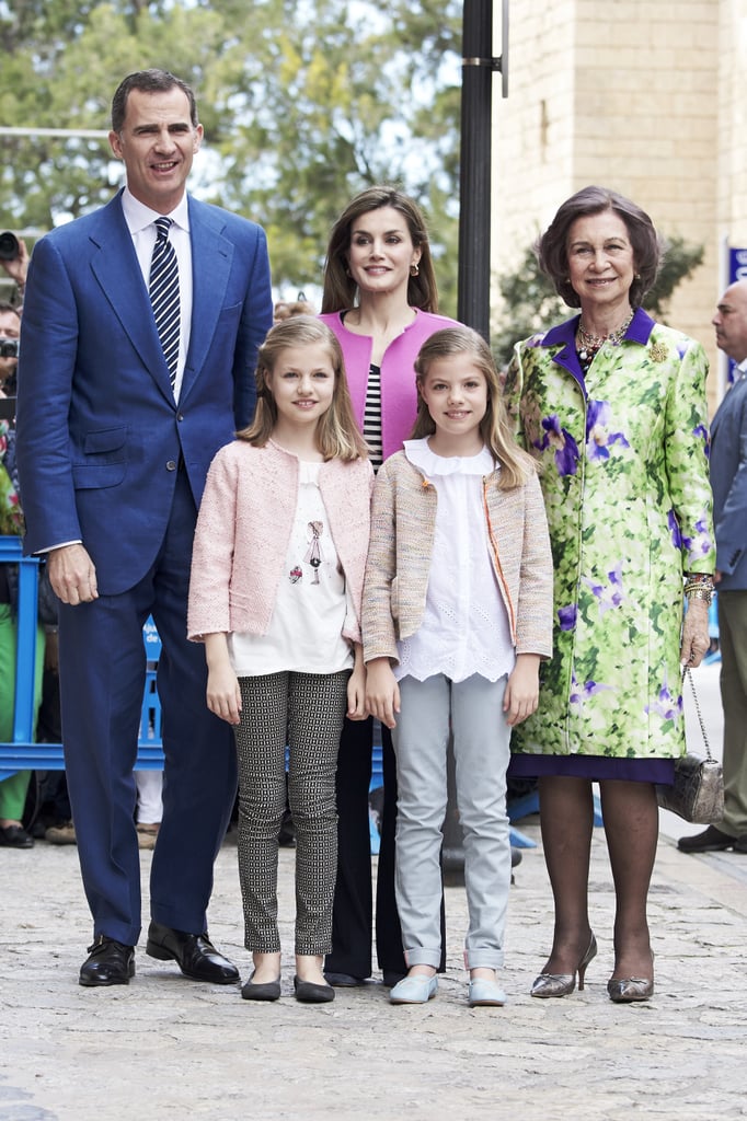 King Felipe, Queen Letizia, Queen Sofía, Princess Leonor, and Infanta Sofía at Easter Mass.