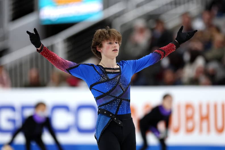 SAN JOSE, CALIFORNIA - JANUARY 29: Ilia Malinin waves to the crowd following the Men's Free Skate competition on day four of the 2023 TOYOTA U.S. Figure Skating Championships  at SAP Center on January 29, 2023 in San Jose, California. Malinin won the gold