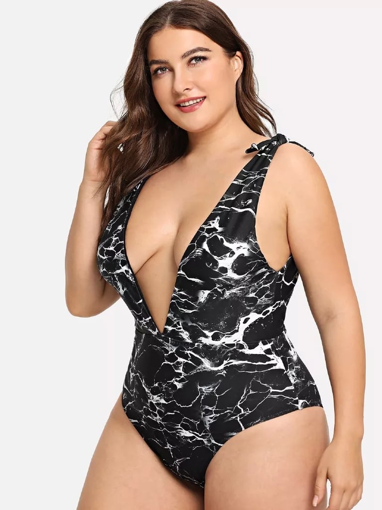 Romwe Plus V-Plunge Marble Print Swimsuit
