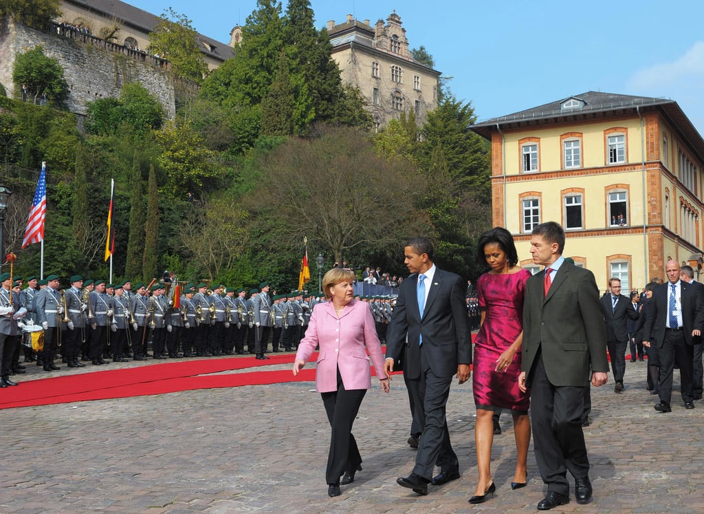 During an April 2009 NATO welcome ceremony, Barack and Michelle Obama walked with German Chancellor Angela Merkel and her husband, Joachim Sauer.