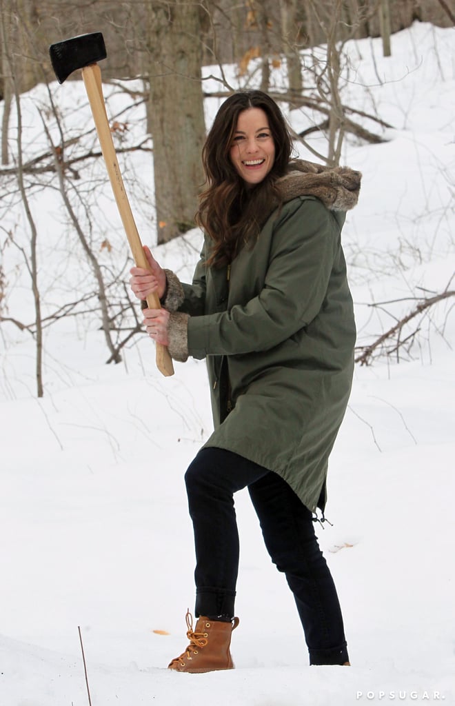 On Monday, Liv Tyler played with an axe during a break from filming The Leftovers in Harrison, NY.