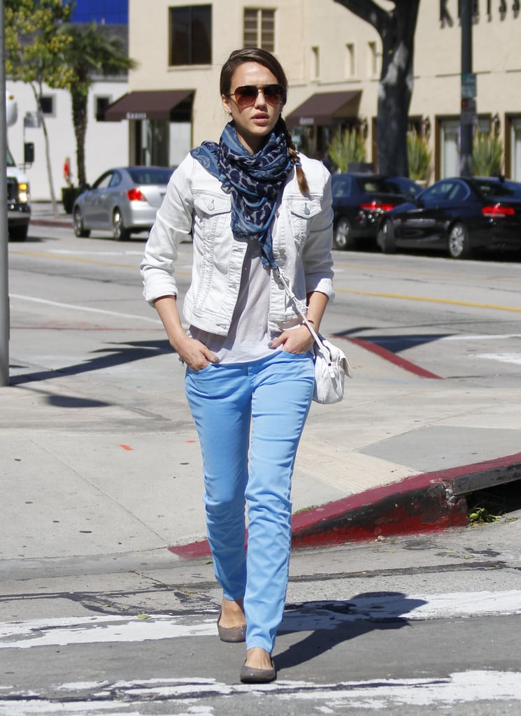 Jessica Alba topped her highlighter-blue denim with a Fluxus tank and a J Brand denim jacket while running errands. The actress accessorized her double denim look with a white crossbody bag, gray flats, and a blue leopard-print Theodora & Callum scarf.