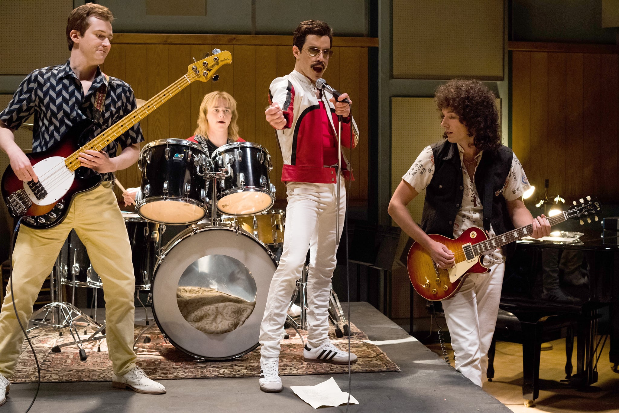 BOHEMIAN RHAPSODY, l-r: Joe Mazzello as John Deacon, Ben Hardy as Roger Taylor, Rami Malek as Freddie Mercury, Gwilym Lee as Brian May, 2018. ph: Alex Bailey/ TM & copyright  Twentieth Century Fox Film Corp. All rights reserved./Courtesy Everett Collection