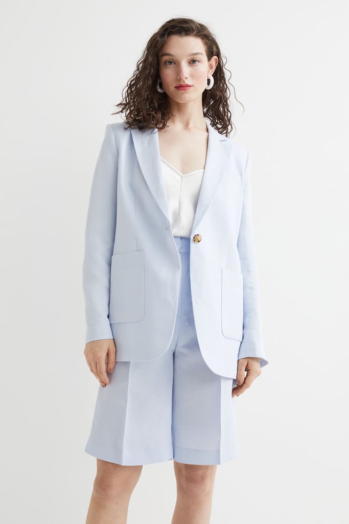 Wear the H&M Single Breasted Linen Blend Jacket ($50) over a silk tee with matching tailored shorts for an interview-ready ensemble that works well during the warmer months.