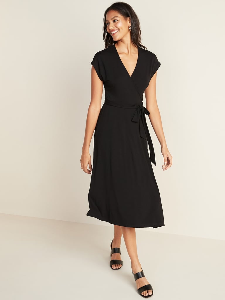 Wrap-Front Dolman-Sleeve Midi Dress in Black