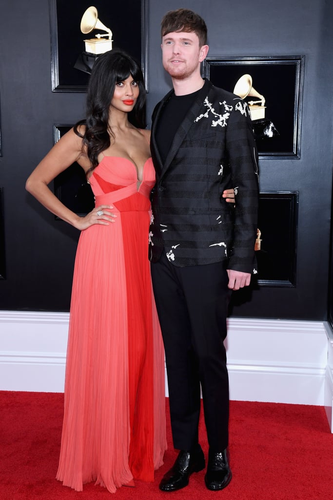 Jameela Jamil Goldfish Earrings at the 2019 Grammys