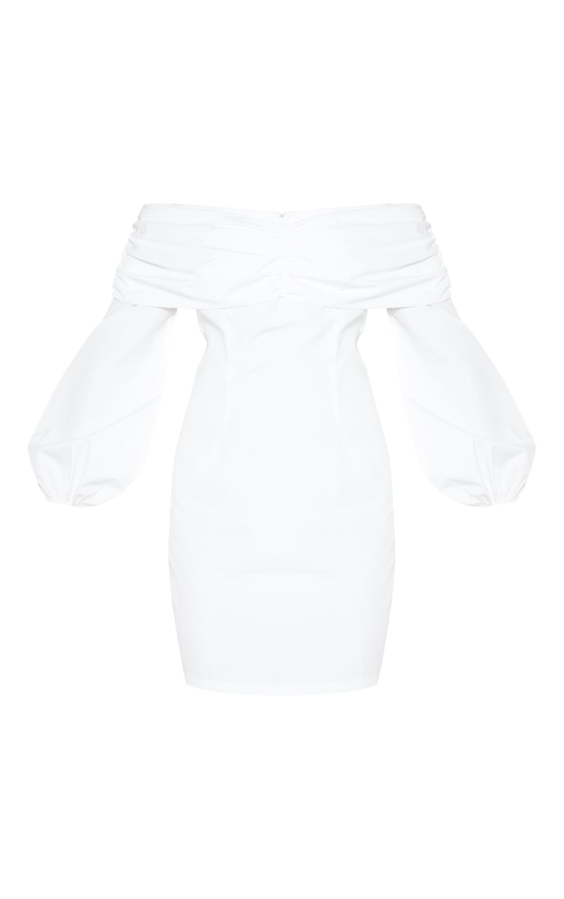 White Puff Sleeve Ruched Bardot Bodycon Dress