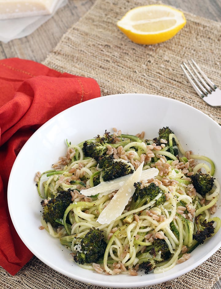 Zucchini Pasta With Farro, Parmesan, and Roasted Broccoli