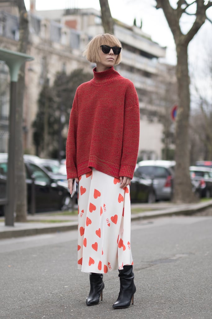 Wear a Cozy Red Sweater With a Printed Skirt