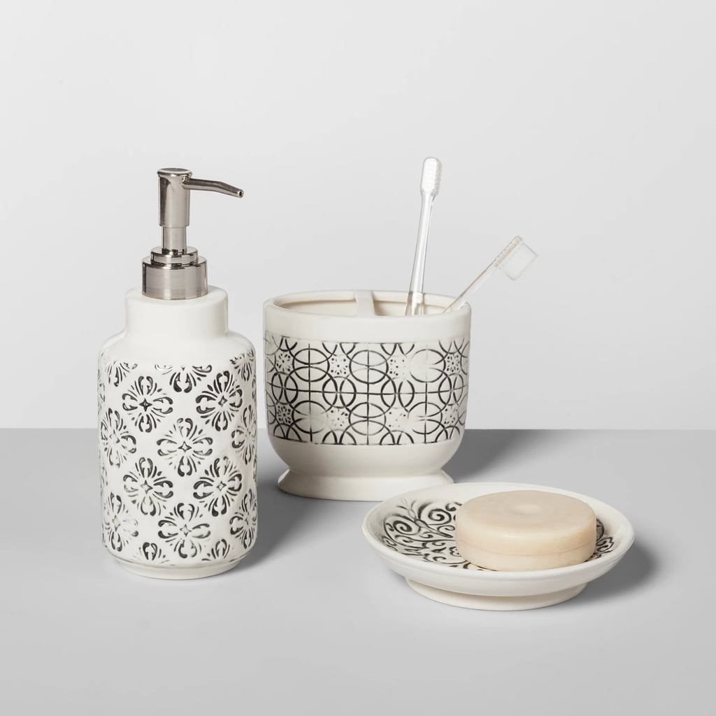 Mallorca Mosaic Distressed Debossing On Ceramic Toothbrush Holder in Black/White