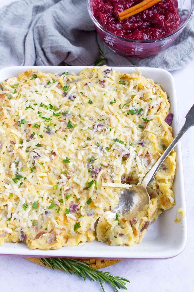 Loaded Mash Potato Casserole with Bacon and Caramelized Onions