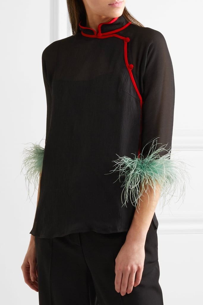 Prada Feather-trimmed Silk-chiffon Blouse - Black